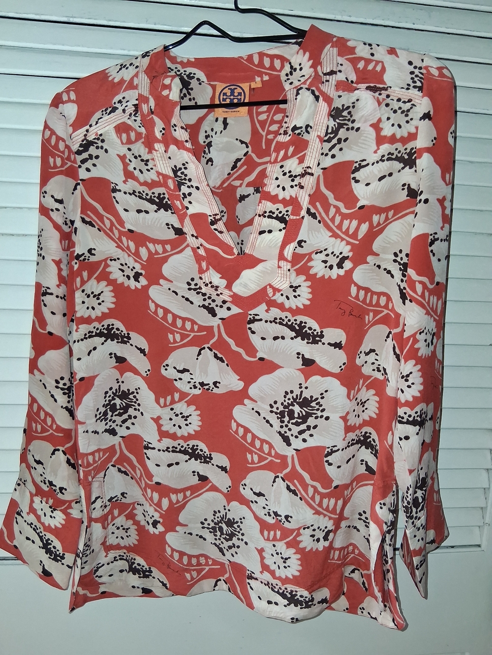 Tory Burch Coral and White Floral V-Neck Tunic